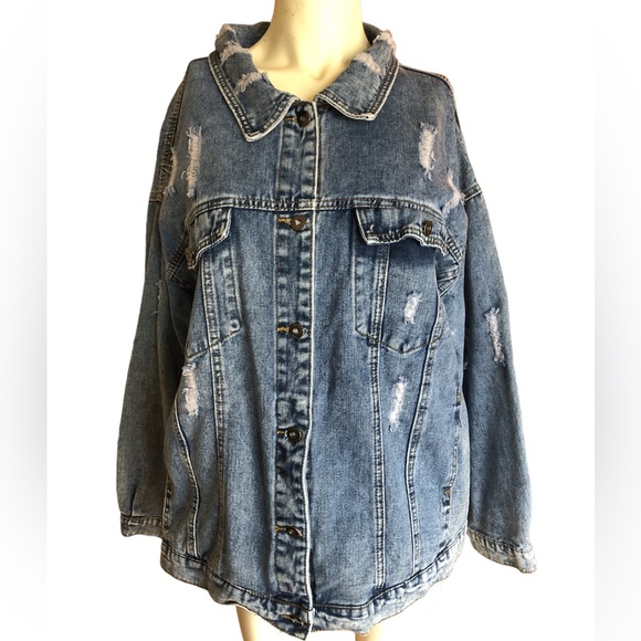 Distressed Plushe Cotton Button Down Jean Jacket - Picture 1 of 12